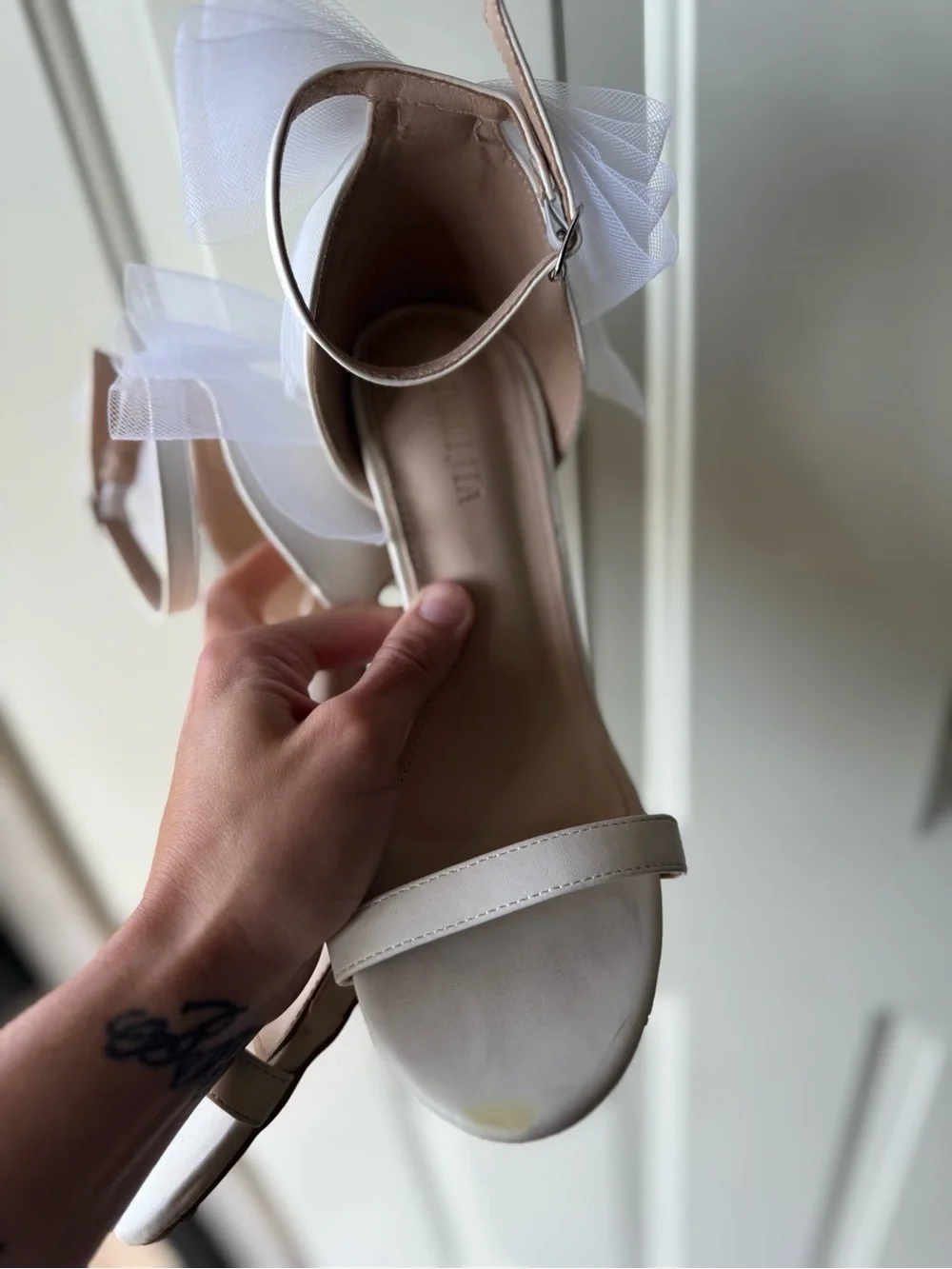 White Ankle-Strap Heels with Bridal Bow 7.5